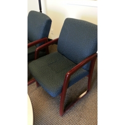 Blue Pattern Guest Side Chair with Cherry Tone Arms and Legs